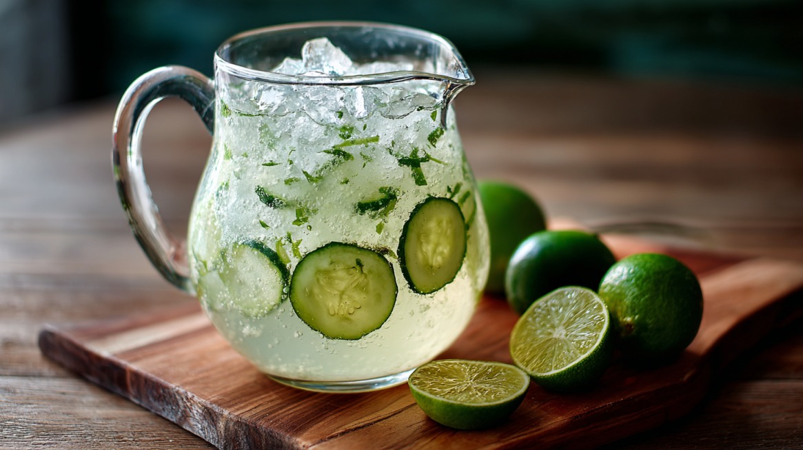 Glass pitcher of cucumber gin and tonic with lime halves on a wooden board