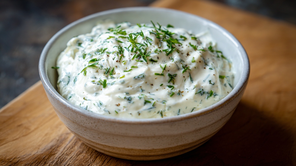 A bowl of thick white dip mixed with herbs and garnished with chopped dill