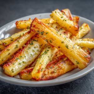 Plate of roasted parsnips seasoned with herbs and lightly browned