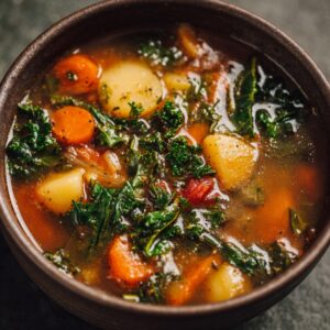 Bowl of vegetable soup with carrots, potatoes, leafy greens, and herbs in a clear broth