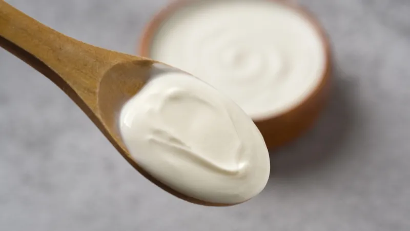 Spoon filled with thick Greek yogurt with a bowl in the background