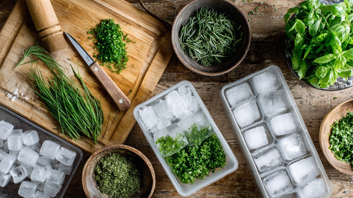 Fresh herbs, chopped greens, bowls, knife, and ice cube trays arranged on a wooden table