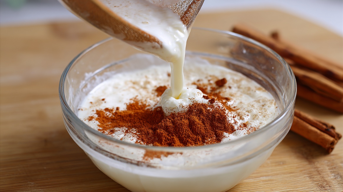 Cream being poured into a bowl of milk or cream with cinnamon powder on top and cinnamon sticks nearby