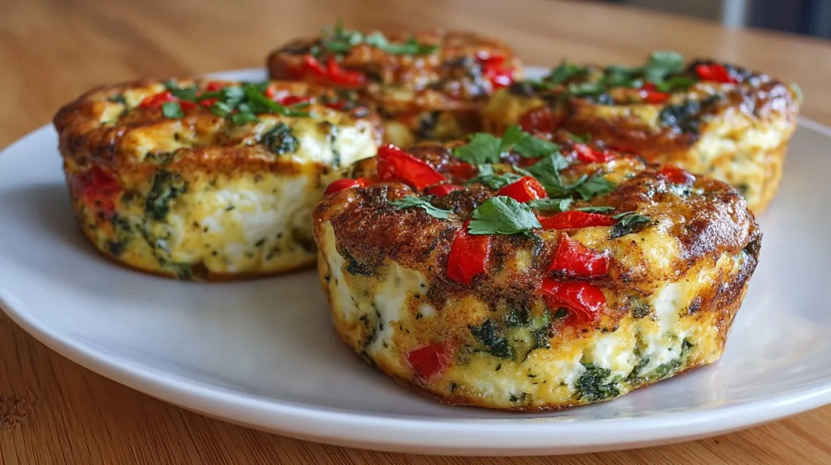 Mini vegetable frittatas with herbs and red peppers served on a white plate