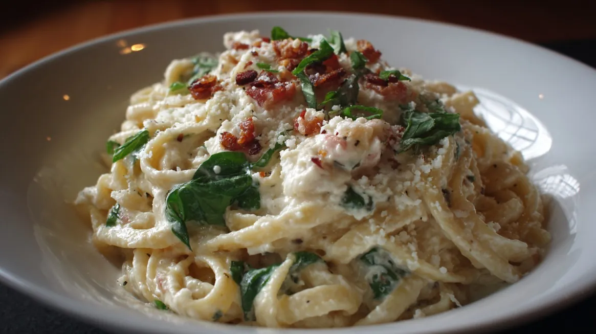 Bowl of pasta topped with ricotta cheese, spinach, and crispy bacon