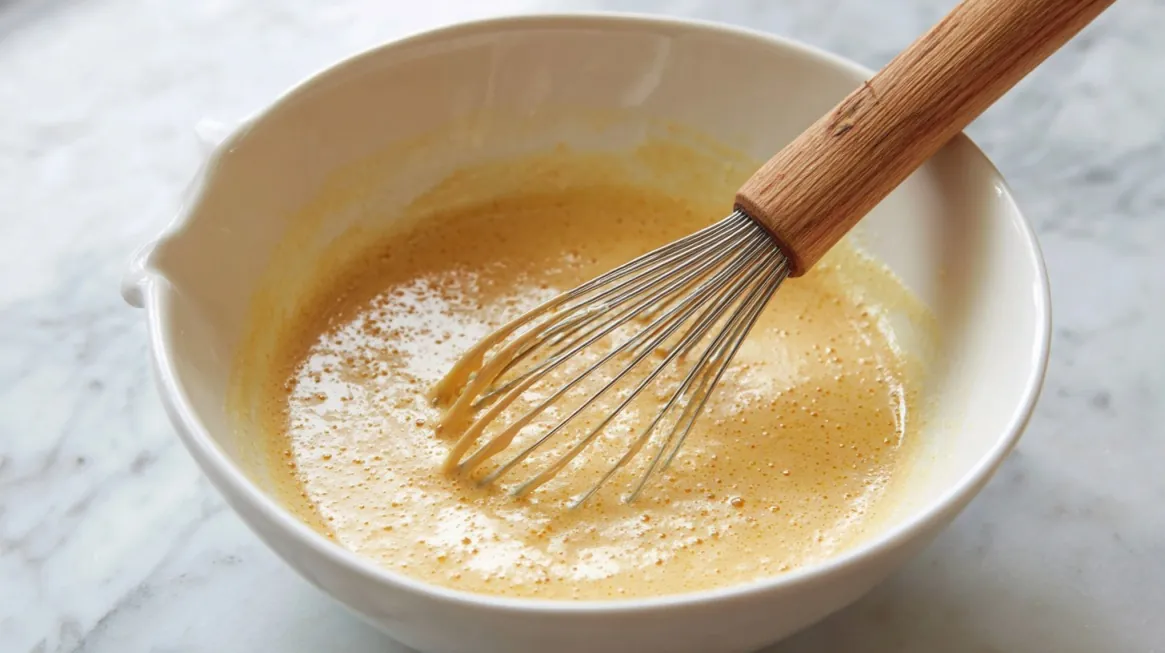 Bowl of pancake batter being whisked with a metal whisk