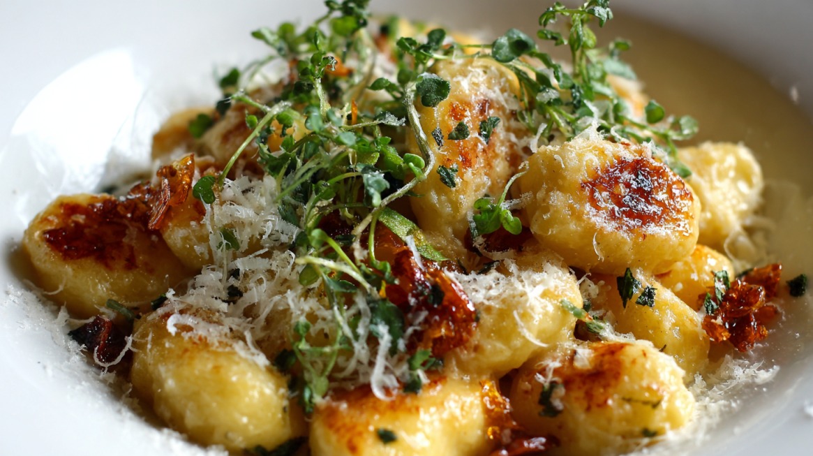 Plate of ricotta gnocchi topped with grated cheese and fresh herbs