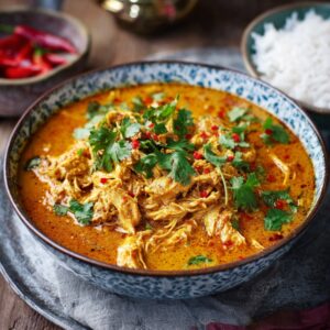 Bowl of leftover turkey curry topped with cilantro and red chili, served with rice