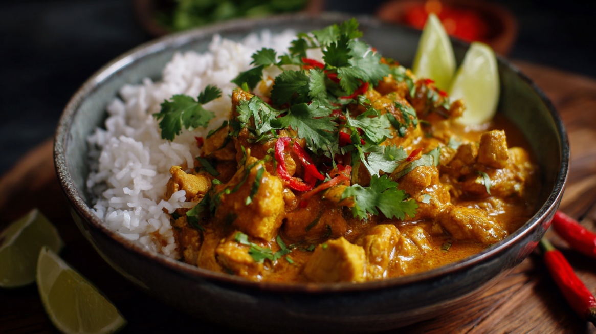Bowl of turkey curry with white rice, topped with cilantro and red chili slices, served with lime wedges