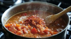 Pot of curry sauce simmering with vegetables and spices being stirred