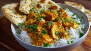 Bowl of turkey curry served over rice with naan bread and fresh herbs