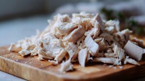 Chopped cooked turkey pieces on a wooden cutting board