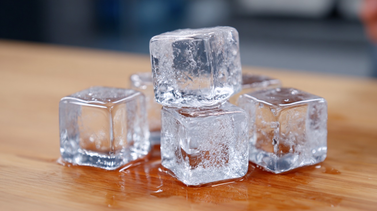Stack of partially cloudy ice cubes melting on a wooden surface