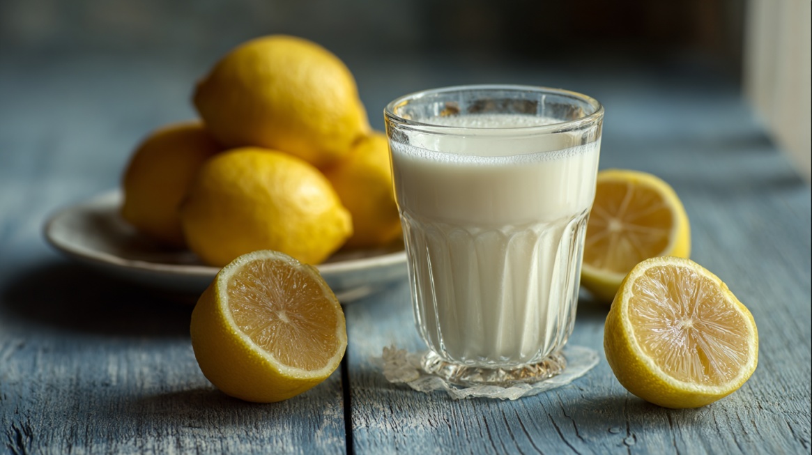 Glass of milk surrounded by fresh lemons on a wooden table