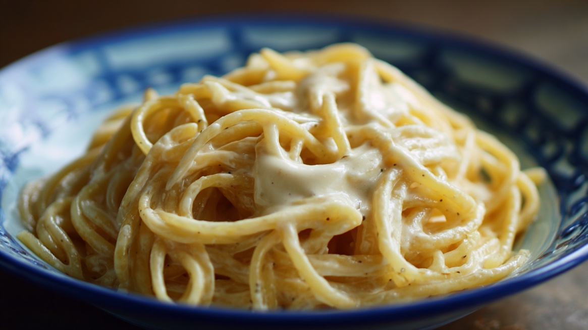 Bowl of spaghetti covered in a creamy white sauce
