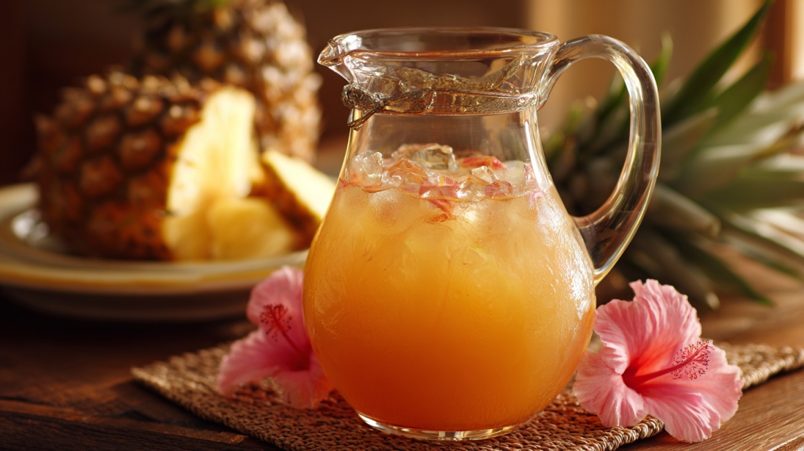 Glass pitcher of pineapple rum punch with ice, pineapple in the background, and pink hibiscus flowers