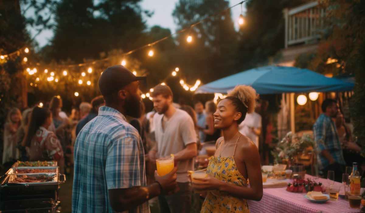 Guests chatting at a backyard evening party with string lights and drinks in hand