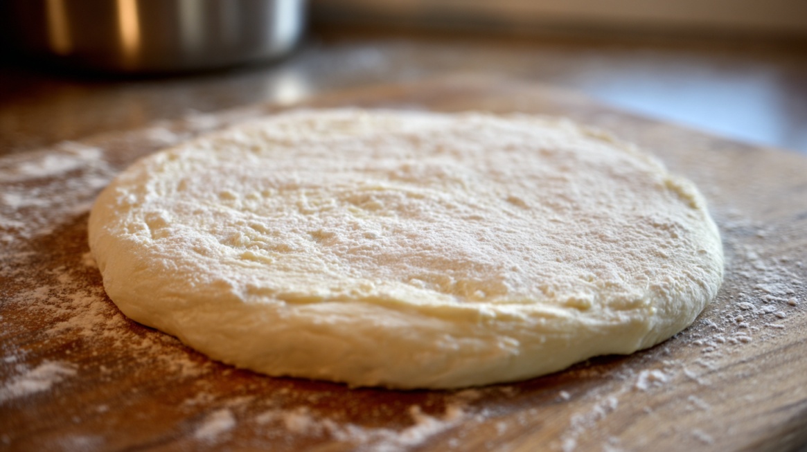 A round piece of pizza dough flattened on a floured surface, with a soft and slightly airy texture