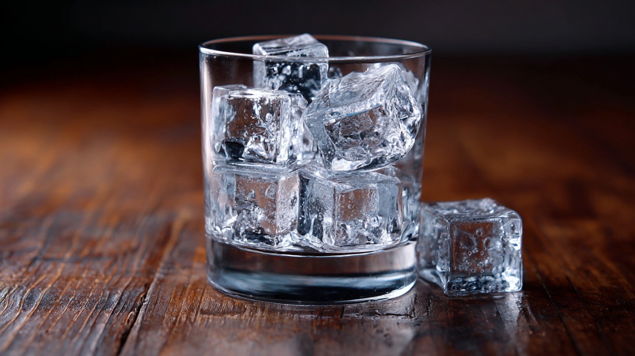 Clear square ice cubes in a glass on a wooden surface with one cube beside it