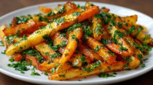 Plate of golden roasted parsnips topped with chopped parsley
