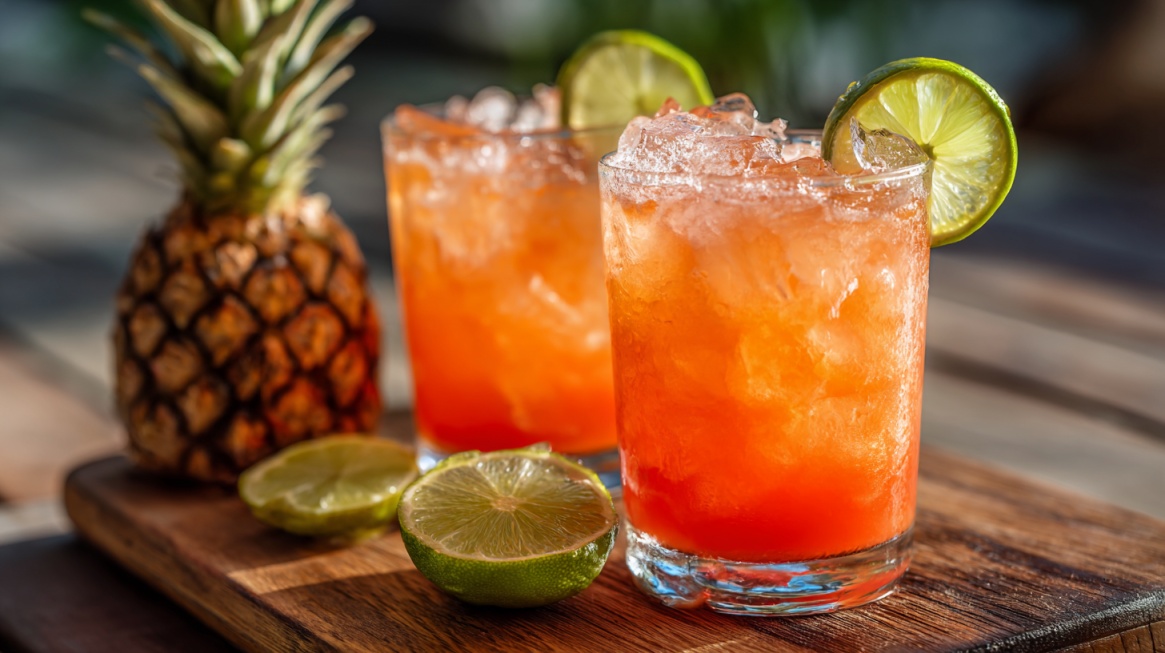 Two glasses of tropical rum punch with a vibrant orange-red color, garnished with lime slices, alongside a fresh pineapple and cut limes