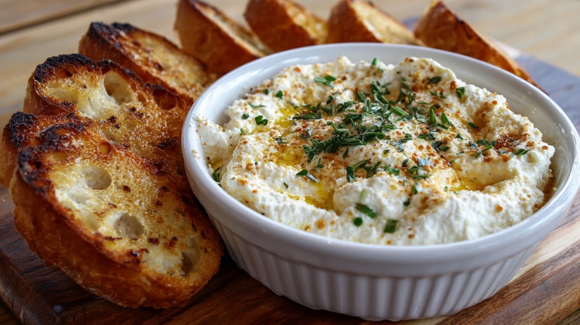 Bowl of whipped ricotta topped with olive oil and herbs served with toasted bread