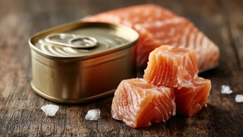 Canned salmon and fresh salmon pieces on a wooden surface with coarse salt