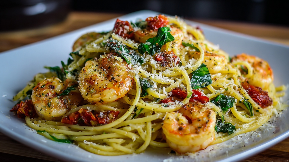 Plate of spaghetti with sautéed shrimp, greens, sun dried tomatoes, and grated cheese