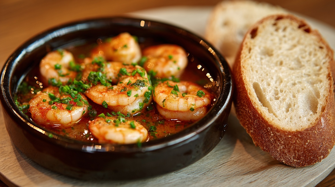 Bowl of shrimp in garlic sauce with chopped herbs and sliced bread on the side