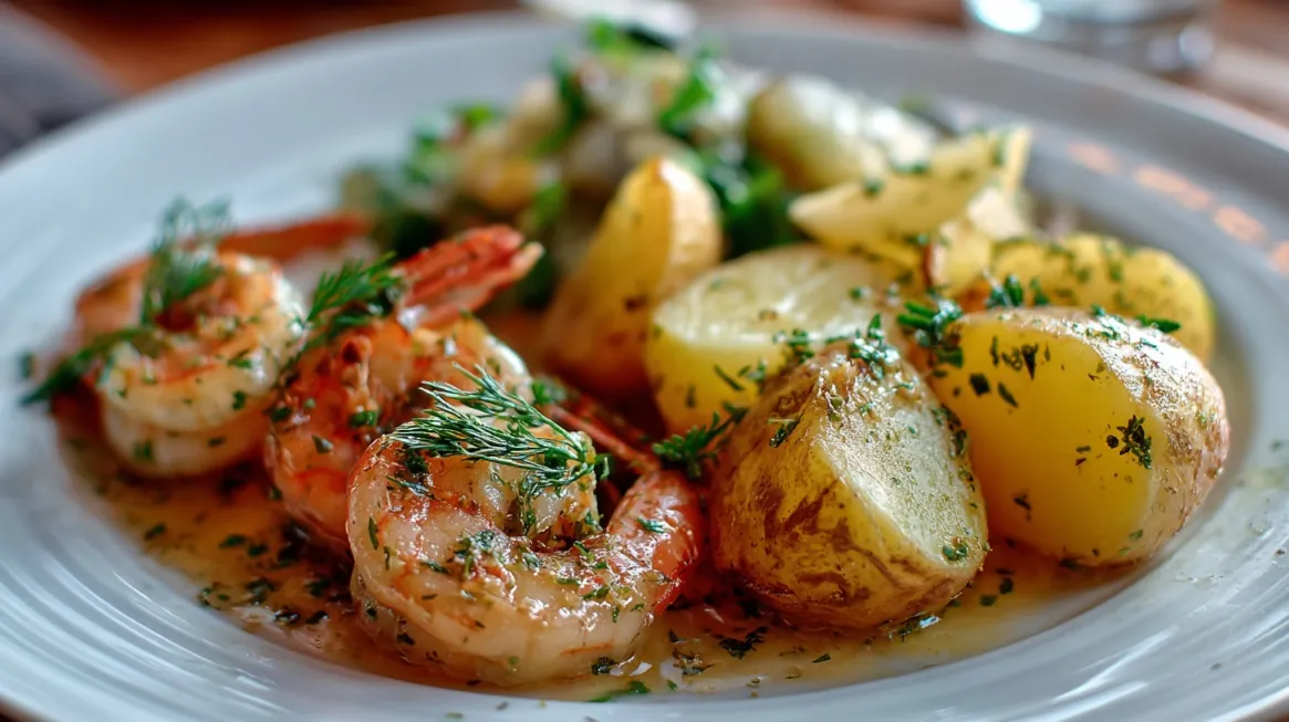 Plate of shrimp in herb butter sauce served with roasted baby potatoes and fresh dill