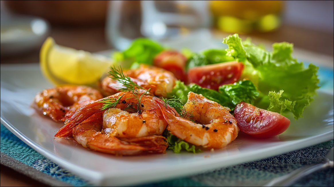 Plate of grilled shrimp with lettuce, cherry tomatoes, and lemon wedge