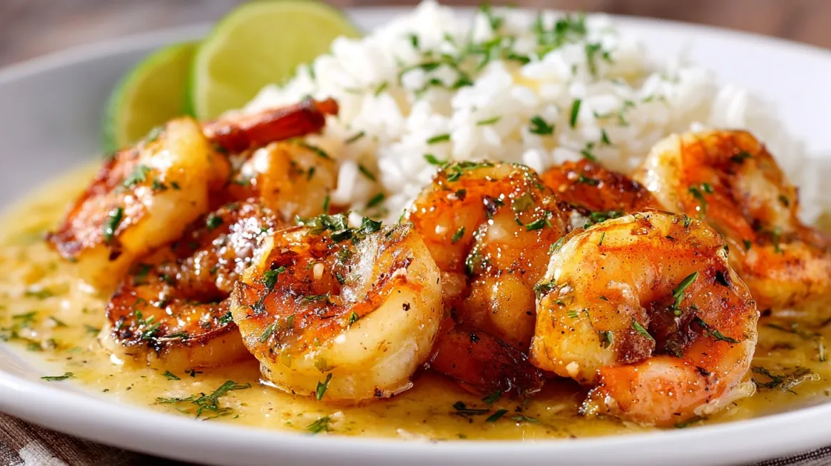 Plate of sautéed shrimp in garlic butter sauce with white rice and lime slices