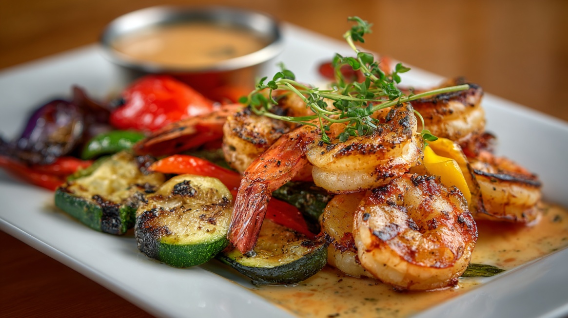 Plate of grilled shrimp with zucchini, peppers, and sauce on the side