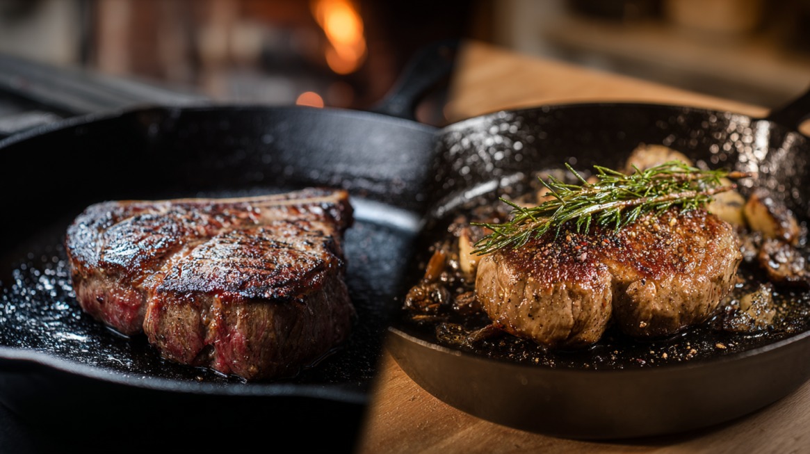 Steaks searing in cast iron and stainless steel pans showing crust formation