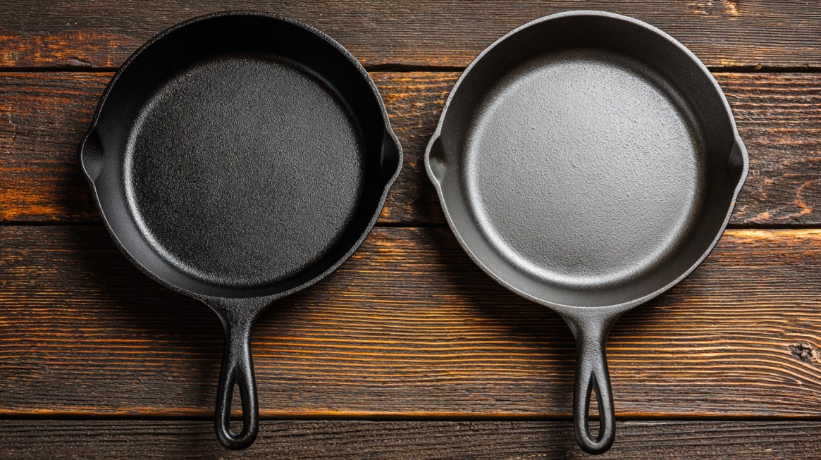 Cast iron skillet and stainless steel pan placed side by side on a wooden surface