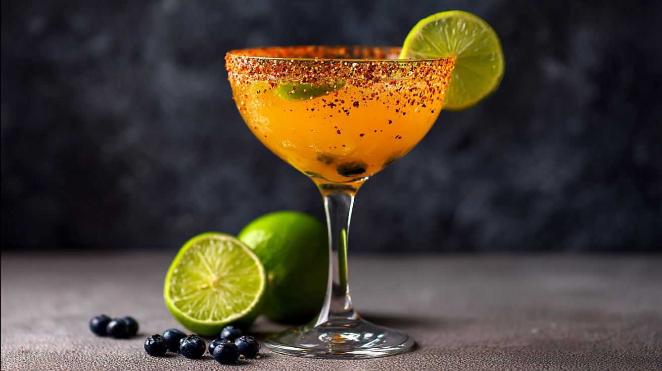 Coupe glass with orange tinted spicy margarita, chili salt rim, lime wheel garnish, and whole limes on a textured surface