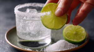 Hand rubbing a lime slice along the rim of a glass before dipping it in salt