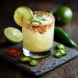 Glass of spicy margarita with chili salt rim, lime slice, and jalapeño slices on a slate board