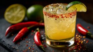 Close up of a spicy margarita with chili salt rim, lime wedge, crushed ice, and red chili peppers on a dark surface