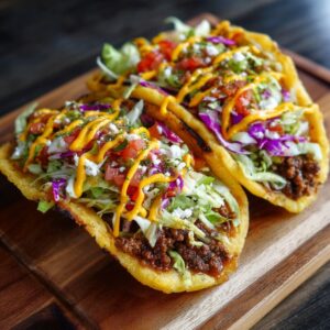 Three tacos filled with seasoned meat, lettuce, tomatoes, cabbage, and drizzled sauce on a wooden board