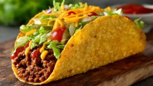 A crunchy taco filled with seasoned beef, lettuce, cheese, pickles, and sauce on a wooden board