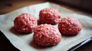 Four raw ground beef balls shaped into patties on parchment paper