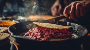 Ground beef spread and cooking on a tortilla in a hot skillet with a spatula pressing it down
