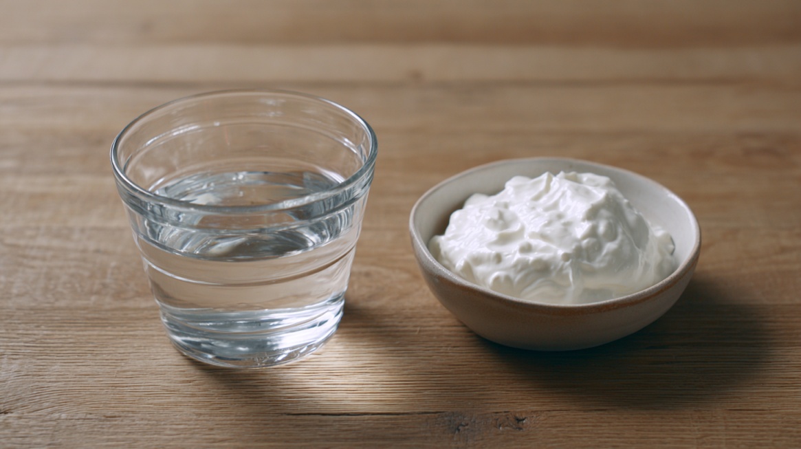 Glass of water and a bowl of sour cream on a wooden table