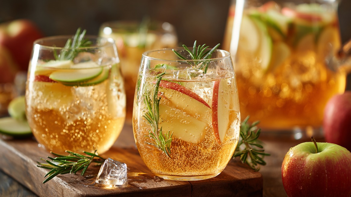 Glasses of sparkling apple cider punch with apple slices and rosemary sprigs on a wooden table