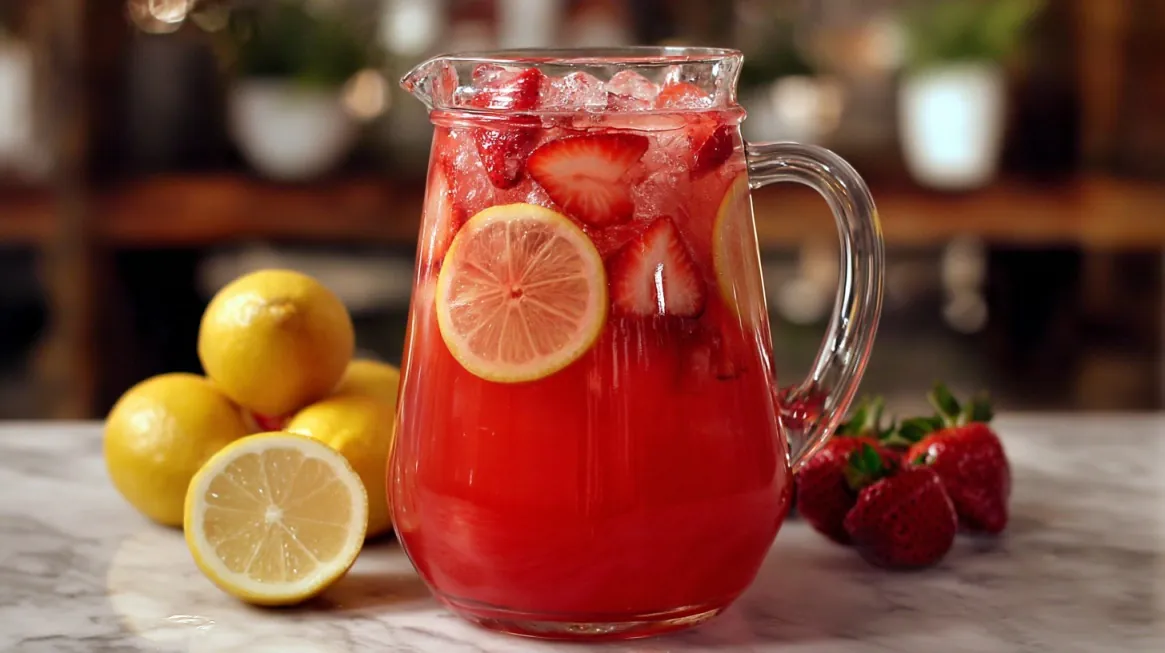 Glass pitcher filled with red strawberry lemonade, lemon slices, strawberries, and ice