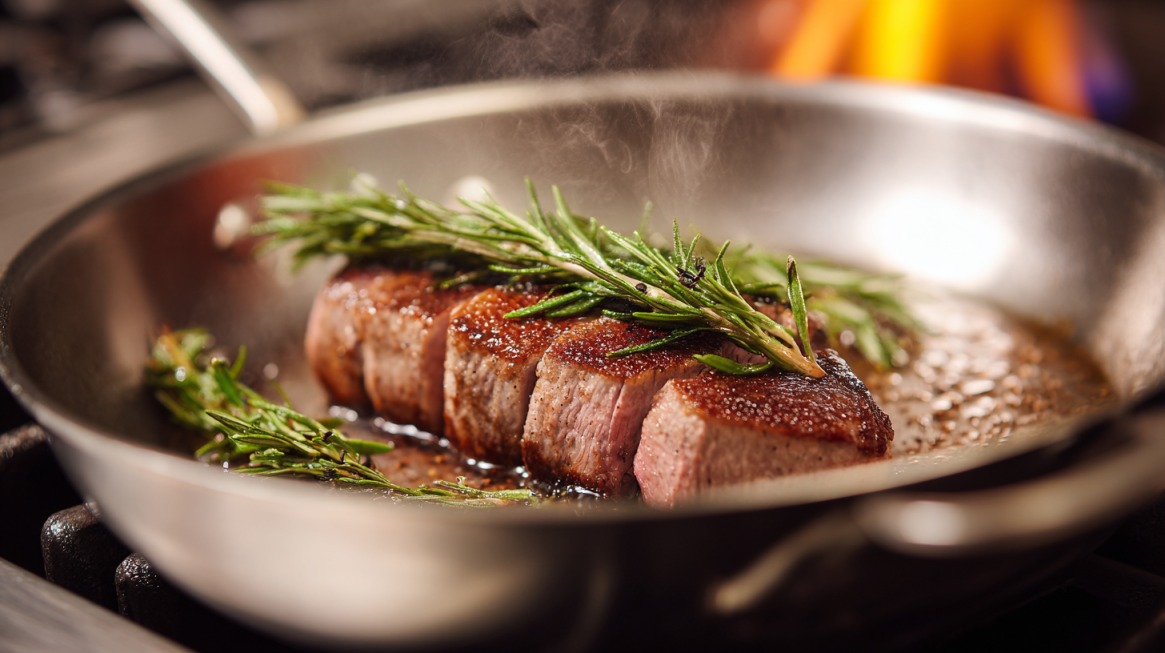 Steak searing in a stainless steel pan with rosemary
