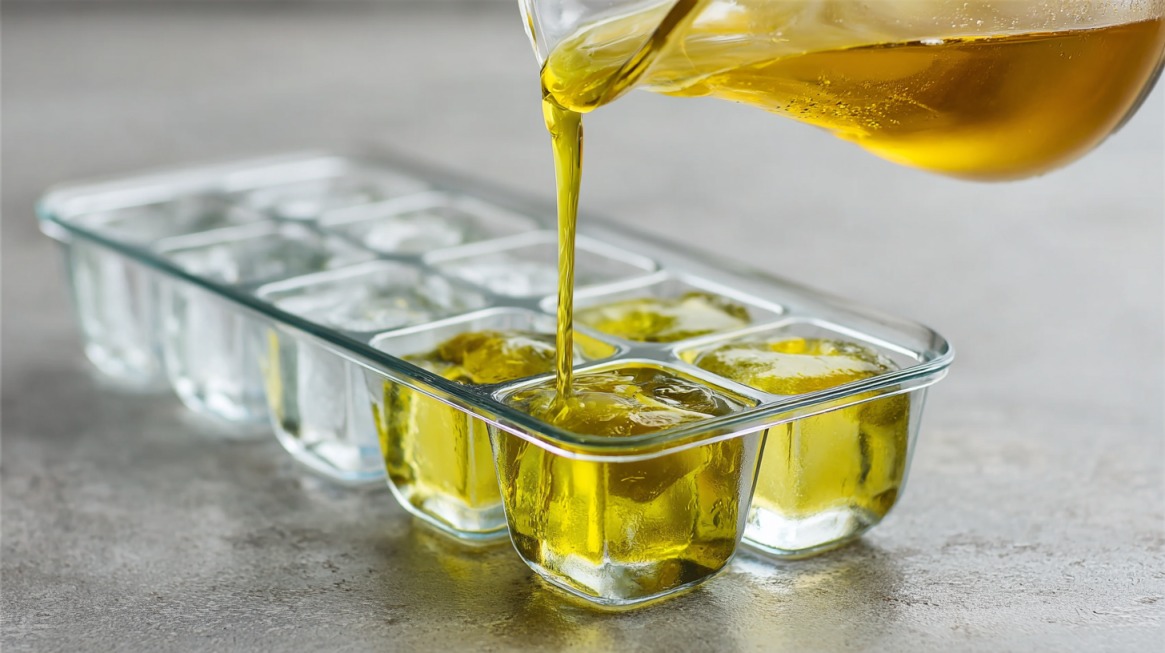 Olive oil being poured into an ice cube tray filled with herbs