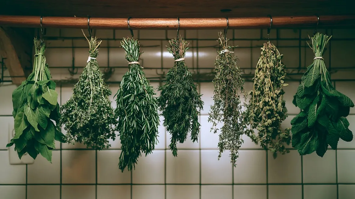 Bundles of fresh herbs hanging upside down to air dry in a kitchen