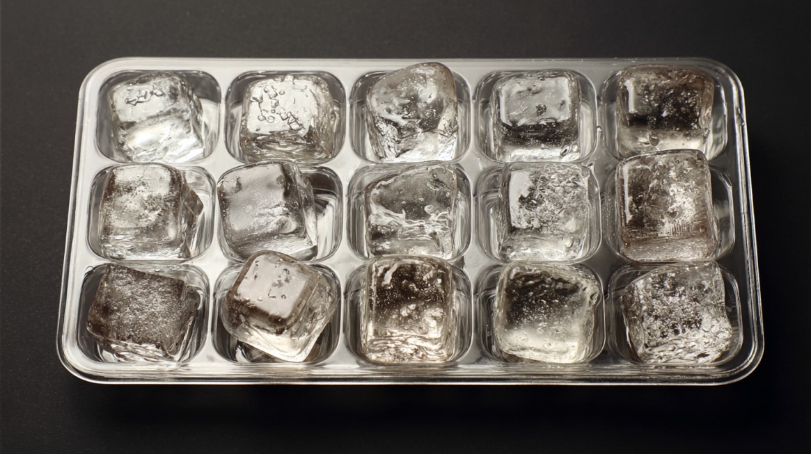 Ice cube tray filled with frozen cubes viewed from above on a dark surface